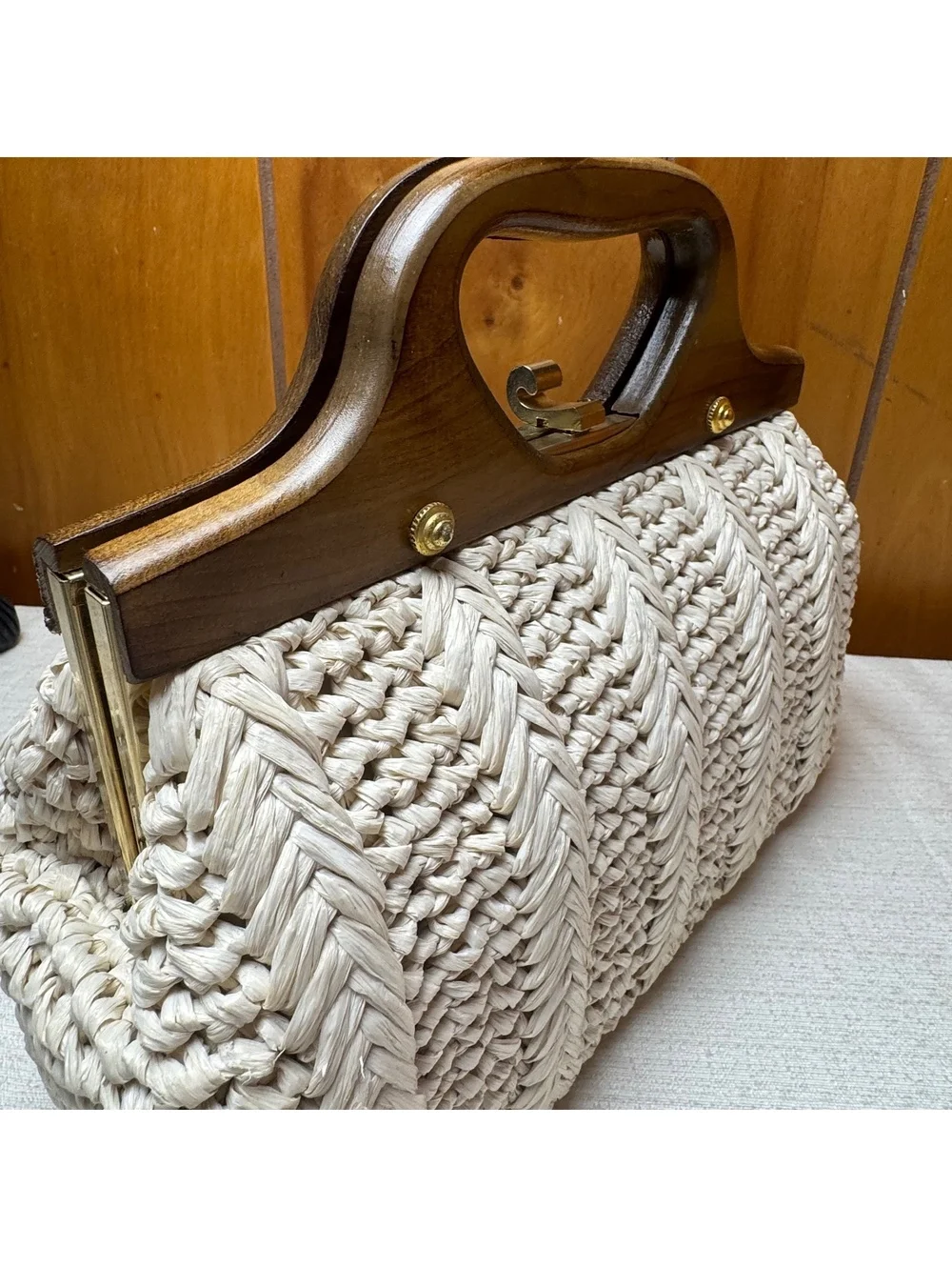 Vintage Italian Raffia Handbag Wooden Handle Clutch Purse Made In Ital